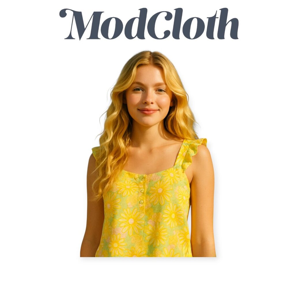 ModCloth Sleeveless Boho Ruffled Floral Cotton Top Yellow Pink Large Summer EUC